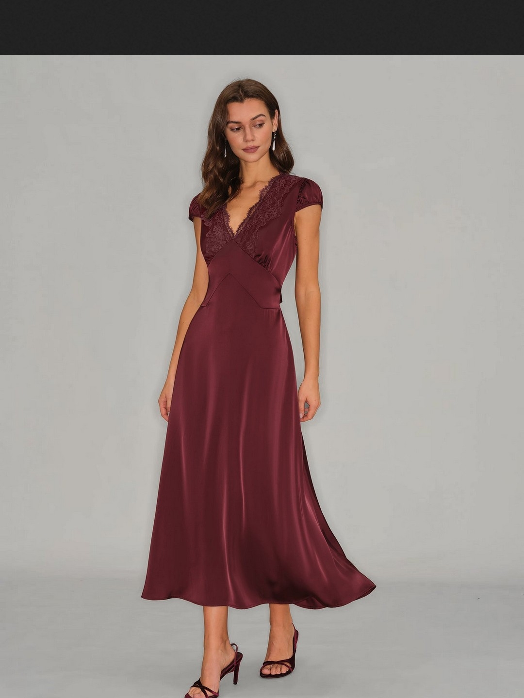 Elegant Lace-Trim Satin Maxi Dress Wine Red V Neck Lace Maxi Rihoas